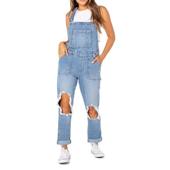 Celebrity Pink Blue Stretch Denim Overalls Distressed Large - Picture 1 of 10